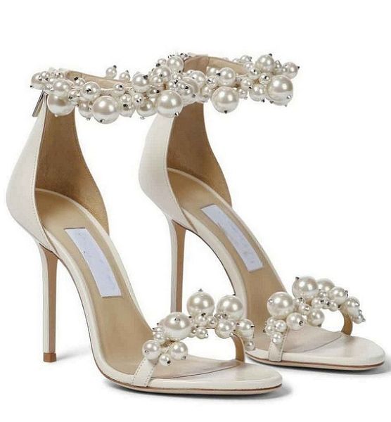 Elegante vestido de novia nupcial Sandalias Zapatos Maisel Lady Pearls Tobillo Correa Marcas de lujo Verano Tacones altos Mujeres caminando con caja, EU35-43 GF Regalo