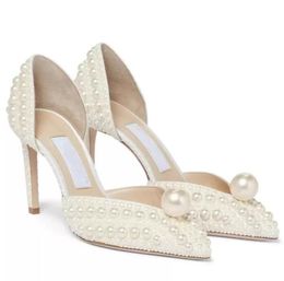 Zapatos de vestir de novia elegantes, sandalias de mujer de cuero con perlas, tacones altos de lujo, zapatos para caminar con caja