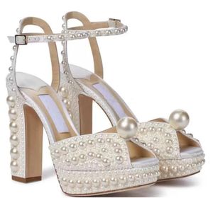 Élégantes chaussures de robe de mariée mariée sandales pour femmes cuir perlé luxe talons hauts femmes marche avec boîte EU 35-43
