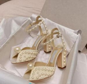 Élégante Mariée Robe De Mariée Chaussures Saracria Perles Sandales Perles Blanches Agrémentées Sexy Nice Talons Hauts Cheville StrapFemmes Pompes EU35-42 AVEC BOÎTE