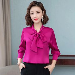 Elegante heldere kleur boog satijn zijde dames shirt blouse lange mouw mode Koreaanse kantoor dames werken basic vrouwelijke tops 240102