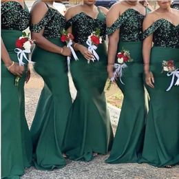 Élégant Brilant Green Bridesmaid Dresess Shiny Bling Styles de sirène au large du sol de l'épaule Prom Sexy Maid of Honor Robes Satin Robes formelles 403