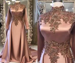Élégant brun dubaï arabe musulman manches longues robes de soirée en dentelle perlée