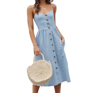 Elegante Knop Zomerjurk Vrouwen Pocket Stippen Geel Katoen Midi Jurk Casual Vrouwelijke Vakantie Strand Dames Jurken Vestidos 210416