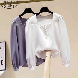 Elegante Button Up Shirts Dames Chiffon Shirt Tops Dames Spring Square Collar Long Puff Sleeve Fashion Blusas 13464 210417