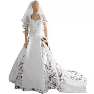 Robe de mari￩e camouflage ￩l￩gante Couc licou A-Line Satin Country Bridal Robes avec Veil Lace Appliques Wood Forest Bride Wear Vestidos de Novia