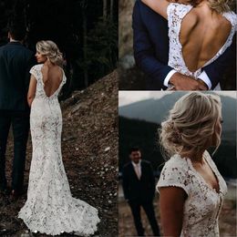 Elegante petmouwen Lace Mermaid Counrty Trouwjurken V Hals Backless Court Train Vestidos de novia boho trouwjurk bruidsjurken bc4671