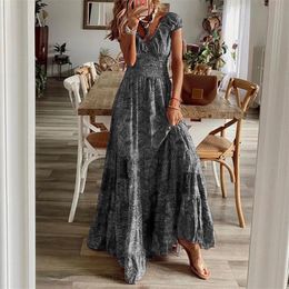 Élégant décontracté et à la mode Style bohème coupe ajustée à manches courtes col en v ALine jupe imprimé fleuri grand ourlet robe 240306