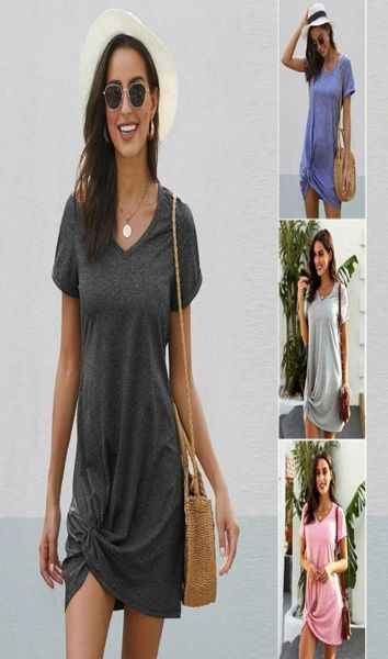 Vestido de playa informal elegante, ropa cómoda de manga corta de Color puro para mujer, vestido Sexy largo ALine 2020 para mujeres maduras 3368515