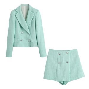 Elegantes juegos de blazer casuales para mujeres de oficina verde sólido 2 piezas Lady Summer Fahsion Pantalones cortos Femenino 210430