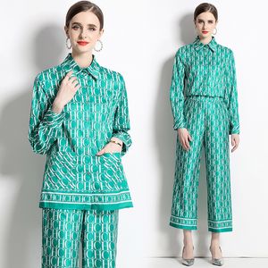 Elegant Casual Designer 2-delige broekset Damesmode Print Button Front Lape Shirt en broek met wijde pijpen Sets 2023 Lange mouwen Vakantie Lente Herfst Chic Runway Suits