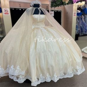 Elegante Chamgane Quinceanera -jurk 2024 Vintage Straply Puffy Sweet 16 -jurk met wrap cape kant Vestidos de 15 xv anos prachtige formele verjaardagsfeestjurk vijftien
