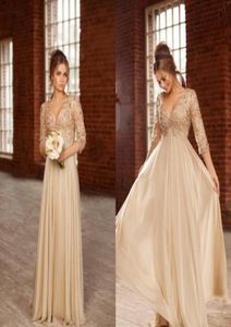 Elegante champagne chiffon zwangere vrouwen prom jurken long v nek halve mouwen grote kralen vloer lengte formele feestkleding avond 3498010