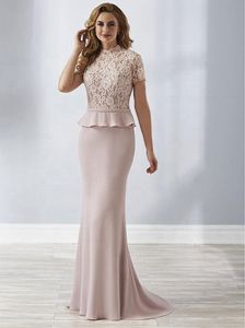 Elegante champán Vestidos para la madre de la novia Vestidos de invitados de boda Tren de barrido Sirena Volantes Ilusión de encaje Cuello alto Vestido de noche largo Mangas cortas