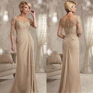 Elegante Champagne Moeder van de Bruid Jurken V-hals Halve Mouw Moeders Jurk Rits Terug Vloer Lengte Bruiloft Gast Gowns274W