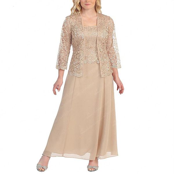 Élégant Champagne mère de la mariée robes avec veste cheville longueur dentelle en mousseline de soie, plus la taille mariage invité robe robes de soirée pu331r