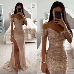 Elegante champagne prom -jurken Off Shoulder Glitter Sequins avondjurk plooien Split Formal Long Special OCN Party Dress 0431