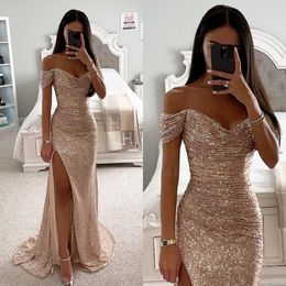 Elegant Champagne Prom Robes de l'épaule paillettes Sequins Robe de soirée Plemages Split Formal Long Special Ocn Party Robe 418