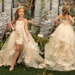 Elegante champagne tule bloemenmeisjes jurken met afneembare trein pure juweel nek meisjes optochtjurk BC18885