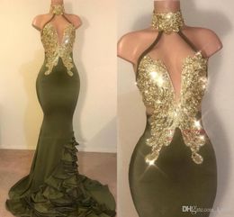 Oilve Groene Charmante Sexy Mermaid Prom Jurken Hoge Juweel Hals Gouden Applique Sweep Trein Formele Jurk Evening Wear Party Jurken Ogstuff