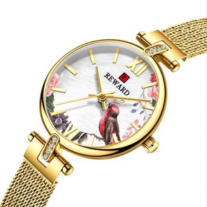 Élégant Charme REWARD Quartz Dames Montre Glaring Montres Fleurs et Oiseaux Cadran Femmes INS Style Verre Minéral Brillant Maille Stra196t