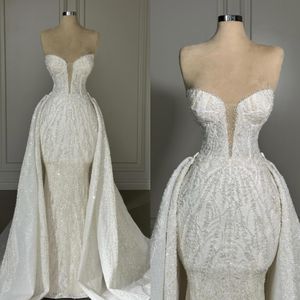 Robe de mariée sirène élégante avec jupes sans bretelles perles robes de mariée en dentelle robes de mariée balayage train designer robe de mariage