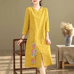 Elegant Cheongsam Style ethnique broderie robe d'été femme vêtements de mode décontracté lin coton vintage qipao 240412