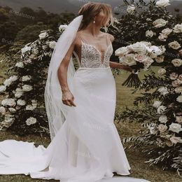 Elegante chique zeemeermin bohemian trouwjurken 2021 sexy spaghetti riemen backless boho land burgerlijk bruids jurk kant vestidos formaliseert robe de mariée sirène