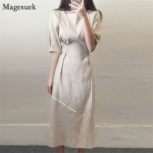 Elegante chique vintage zomer jurk vrouwen katoenen kantoor dames korte mouw losse casual solide lange es-gewaden 10268 210512