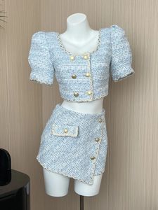 Élégant chic vintage tweed set des tenues à manches bouffantes à double poitrine cardée tops asymétrique mini jupe en deux pièces 240508