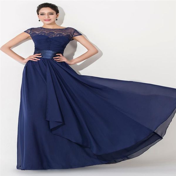 Elegante gasa de encaje azul marino vestidos largos de dama de honor de manga corta con marco ajustado vestidos de noche de talla grande vestidos de dama de honor Unde301i