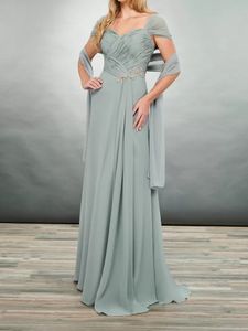 Elegante chiffon lange moeders jurken voor bruiloften riemen plooien een lijn bruiloftsfeestjurken met kralen eenvoudige moeder van bruidebruid jurk prom avondgewaad outfit