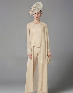 Elegante chiffon moeder van de bruid jurken met lange mouwen jas 3 stuks broek pak avondjurken plus size bruiloft gasten jurk