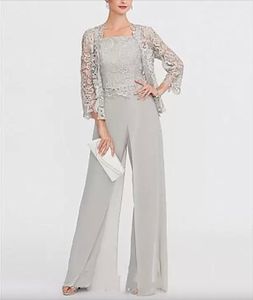 Élégant mousseline de soie mère de la mariée pantalon costume avec veste courte en dentelle pas cher robes d'invité de mariage femmes plage pays vêtements de fête formelle