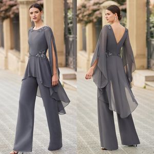 Elegant Chiffon Mother Of The Bride Pants Suits Slit Long Sleeves Boho Wedding Guest Gowns Gray Lace Applique Causal Simple Groom Mom Prom Party Dress