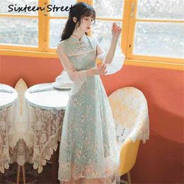 Elegante Chinese stijl Cheongsam Midi Groene schede Vestidos de Fiesta Pailletten Jurk Floral Embroidery Mid-Calf Dames 210603