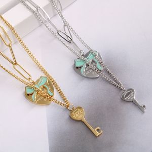 Collier avec pendentif clé d'amour pour femmes, élégant, classique, bleu, goutte d'huile, nœud papillon, clé en forme de cœur, Double couche