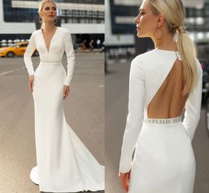 Elegante klassieke zeemeermin weddding jurk v-hals backless full mouw vloer lengte gedrapeerde lovertjes 2021 eenvoudige bruidsjurken