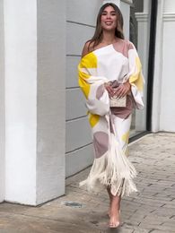 Elegante bloque de color borla mujer falda traje sexy suelto fuera del hombro 2 piezas conjuntos 2024 primavera verano moda traje de calle 240315