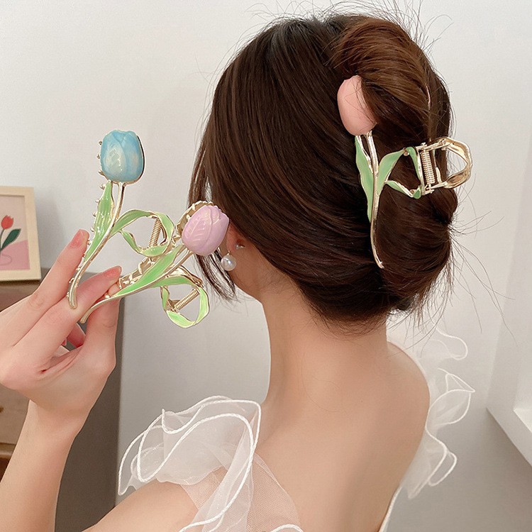 Elegant Color Drop Oil Tulip Hair Claws Colorful Enamel Tulip Large Metal Hair Claw Clips Tulip Hair Accessories for Women Ponytail Clamps