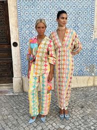 Elegant contrast geprinte broeksets voor dames 2 stuks chique met één borsten lange mouw in bijpassende sets Lady Beach Outfit 240510