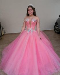 Elegant Coral Quinceanera Jurken Baljurk Crystal Rhinestones Organza Geplooid lange lovertjes Sweet 16 Vestidos de Prom Dress C76