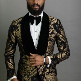 Costume élégant Homme châle revers noir Jacquard dîner fête marié porter hommes costumes de mariage pour hommes bal smoking Blazer 220815