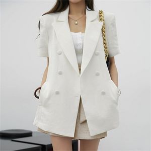 Elegante chaqueta de trabajo de lino y algodón para mujer, chaqueta de traje de mujer con cinturón de manga corta de verano, ropa de moda 210519