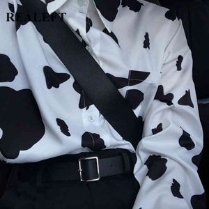 Elegante koeien afdrukken vrouwen blouse lente zomer een zak lange mouw modieuze vrouwelijke losse shirts tops 210428