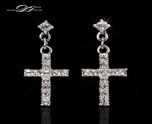 Élégant croix CZ diamant fête boucles d'oreilles entier 18 K or Rose platine plaqué Punk bijoux de mariage pour les femmes DFE373 DFE325977086