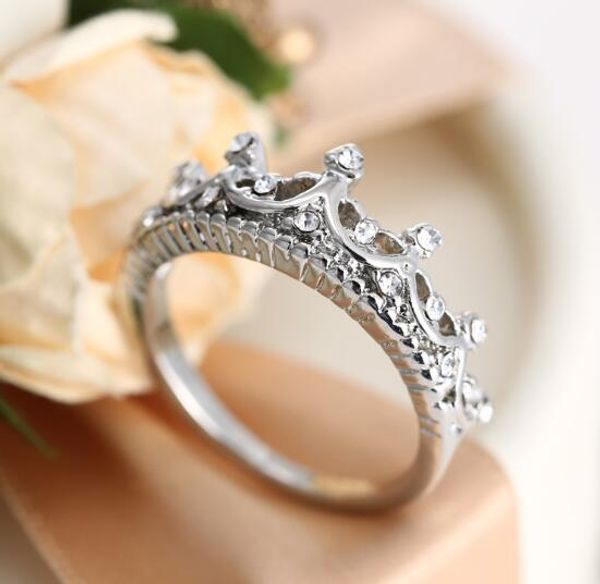 Elegante anillo de dedo con corona de cristal para mujeres y niñas, compromiso, boda, bonita promesa, joyería, anillos de moda de plata y oro rosa