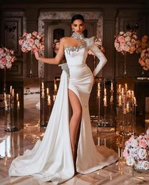 Robes De mariée sirène en cristal élégant, col haut perlé, fente latérale, sur mesure, 326 322