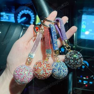 Elegant Crystal Round Ball Keychain Volledig Rhinestone Leather Lanyard Bag Charm hanger auto sleutelringhouder sieraden cadeau accessoire