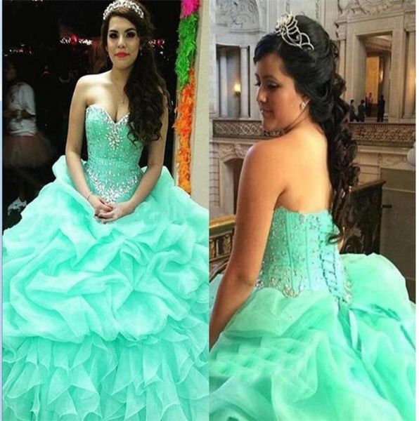 Elegante Crystal Ruffles LaceUp Ball Novia de quinceanera Mint Green Green Sexy 16 Vestido de organza Vestidos Vestidos Longos para4525816